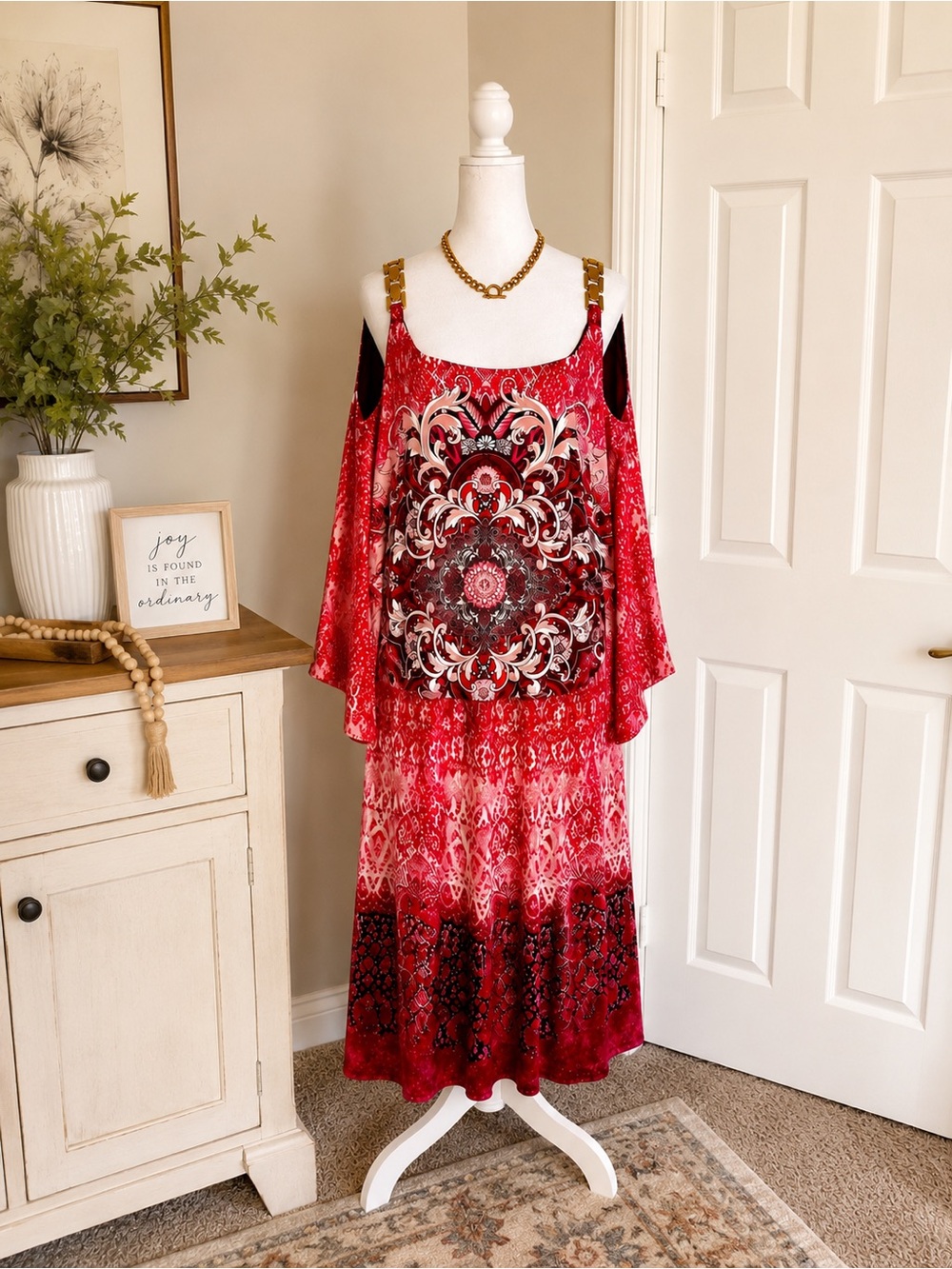 Ashley Stewart Burgundy Long Sleeve Midi Dress Gold Chain 22/24 NWT